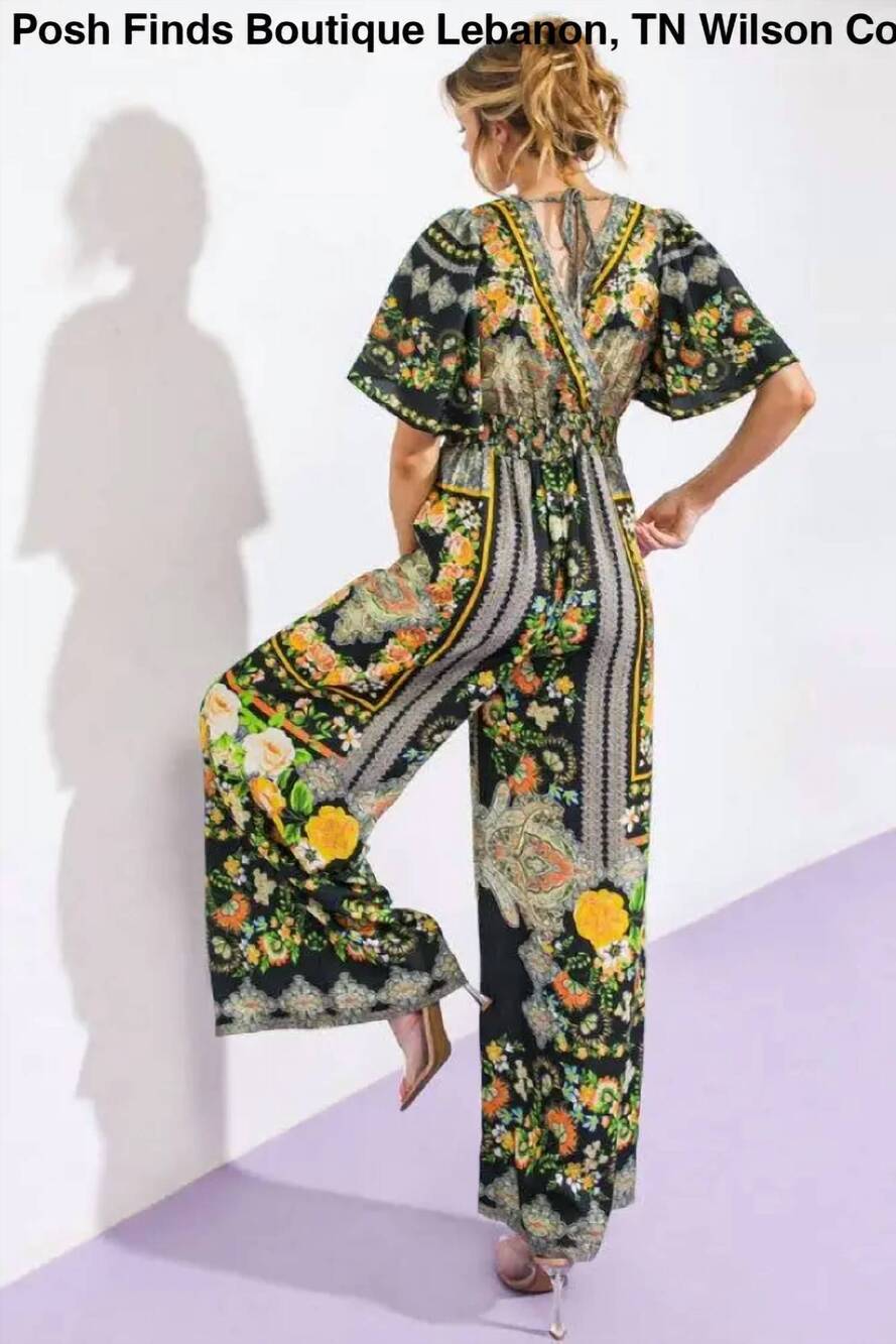 NEW FLYING TOMATO women's printed woven jumpsuit in black multicolor - Picture 3 of 6